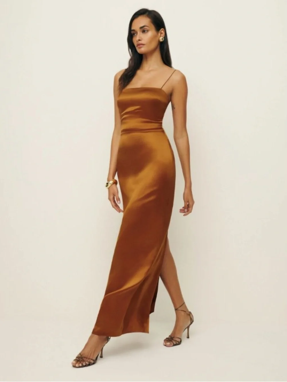Reformation Frankie Slip Dress Silk  Square-Neck Slip Dress in Caramel - Picture 2 of 9